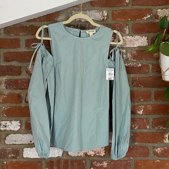 Open Edit Cold Shoulder Sea foam green poplin top Size Medium New - Picture 2 of 6